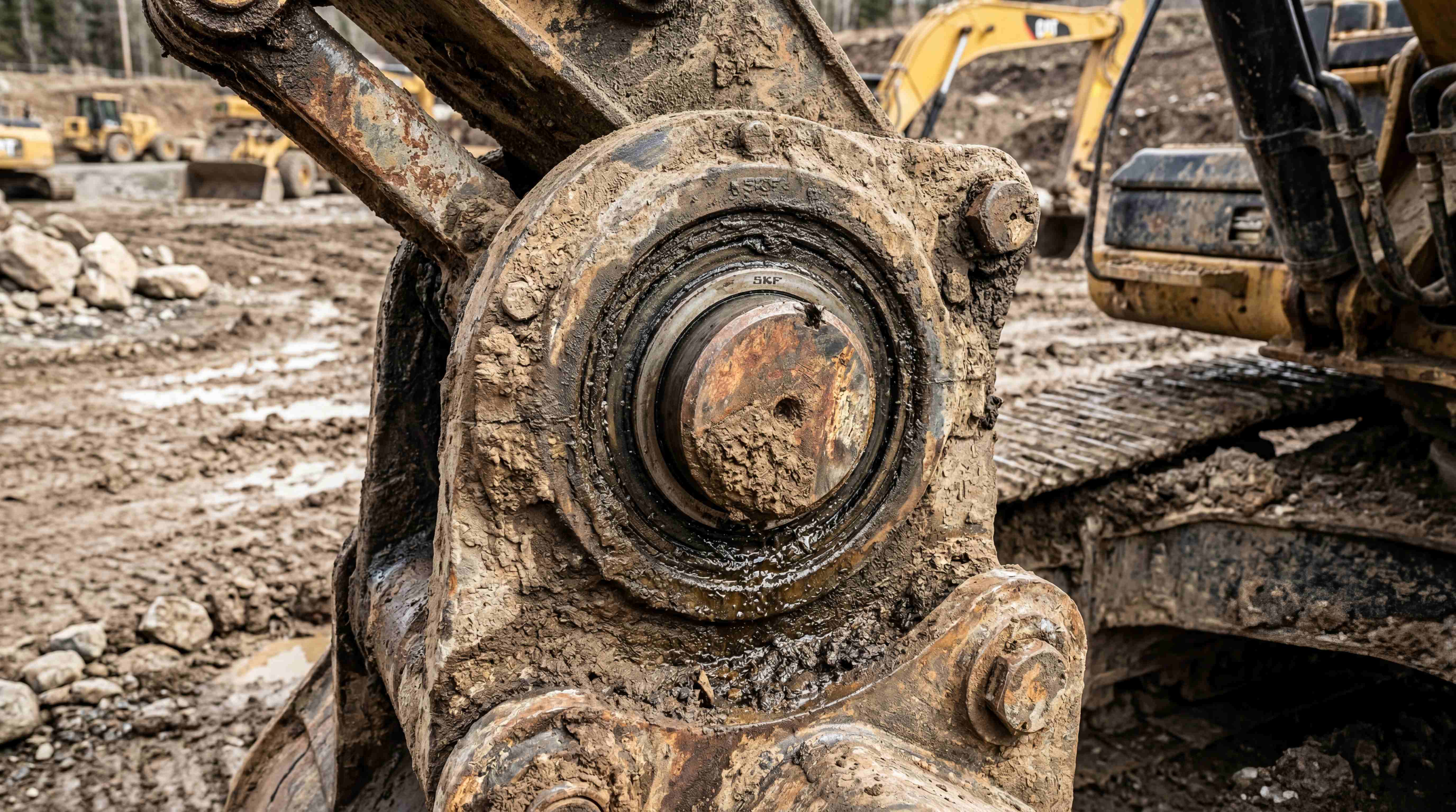 Heavy-duty construction equipment pivot bushing covered with mud showing outdoor contamination, abrasive dirt, grease buildup, and harsh working conditions